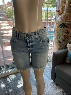 Women's High-Rise Light Blue Frayed Hem Denim Shorts
